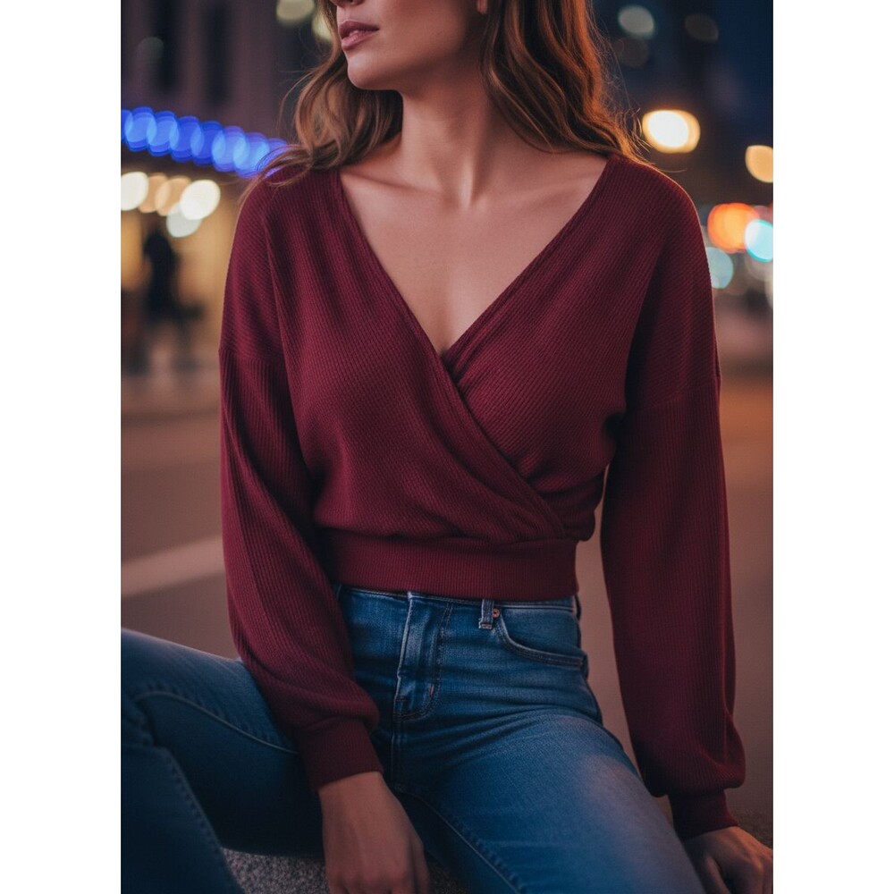 OGL Women's S Burgundy Ribbed Surplice V-Neck Long Sleeve Cropped Stretch Top